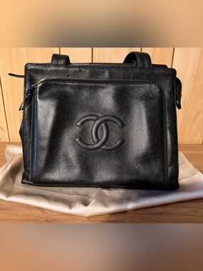 CHANEL Black and Gold Caviar Tote